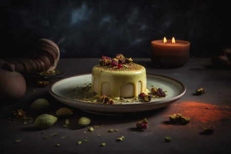 Traditional Turkish dessert panna cotta with pistachios on dark backgroundの写真素材