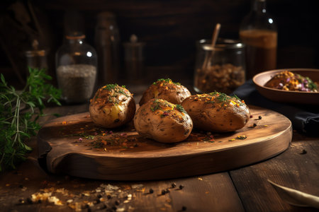 Baked potatoes with herbs and spices on a wooden background. Selective focus.の素材