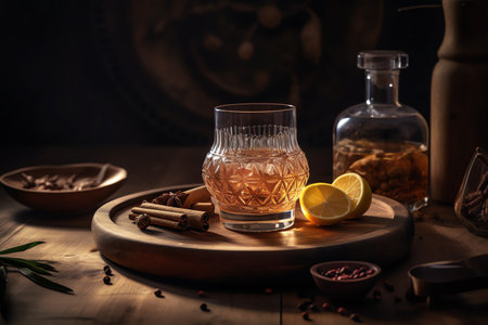 Glass of whiskey with spices and lemon on a wooden table in the kitchenの素材