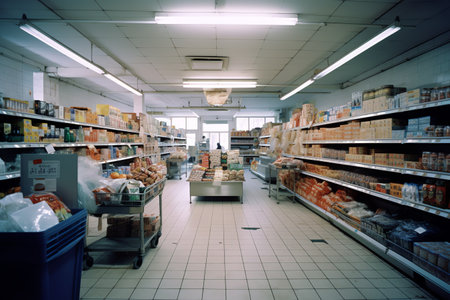 Interior of a supermarket with shelves and shelves full of food productsの素材