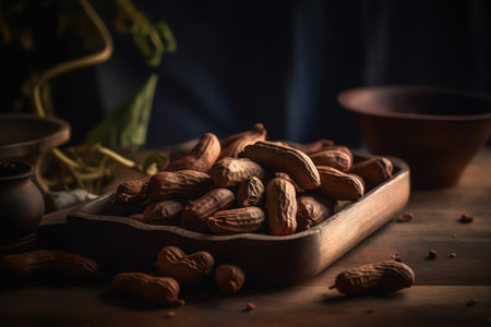 Almonds in wooden bowl on rustic table. Selective focus.の素材