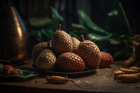 Pineapple fruits on wooden table. Vintage style toned pictureの素材