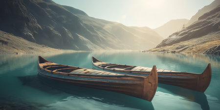 Boat on the lake in mountains. 3d render illustration.の素材