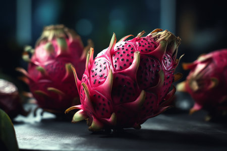 Dragon fruit on dark background. Pitahaya or pitahaya.の素材