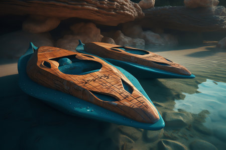 kayaks in the water. 3d render of two kayaksの素材