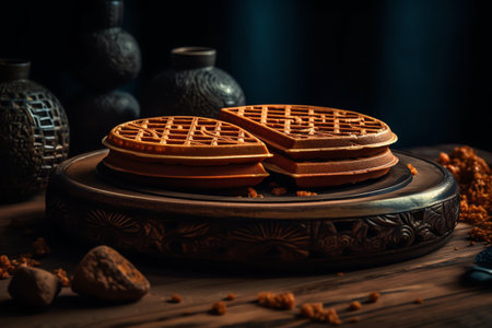 Chocolate waffles on a wooden background. Toned image.の素材