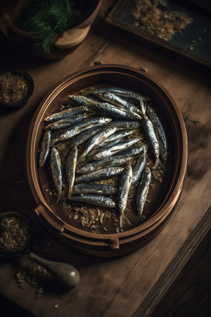 Sardines in a wooden bowl on a wooden background. Toned.の素材