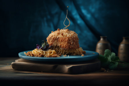 Pasta with tomato sauce on a blue plate on a wooden tableの素材