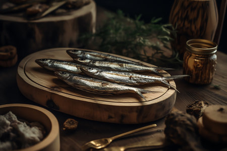 Smoked sprat on a wooden cutting board. Dark background.の素材