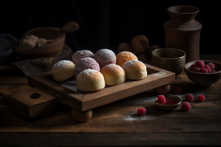 Mochi, Japanese confectionery on a wooden background.の写真素材