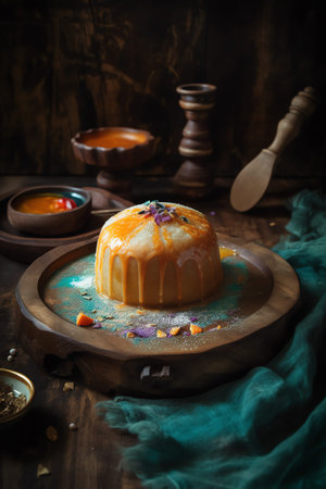 Creamy pudding with caramel sauce on wooden background, selective focusの写真素材