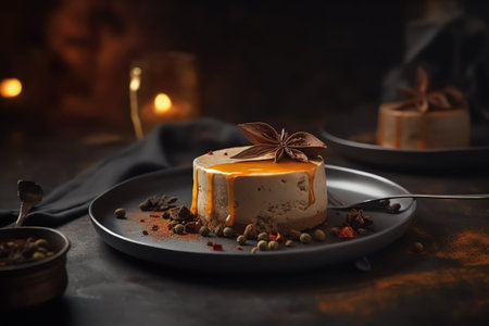 Pumpkin cheese cake with spices on a dark background. Toned.の写真素材