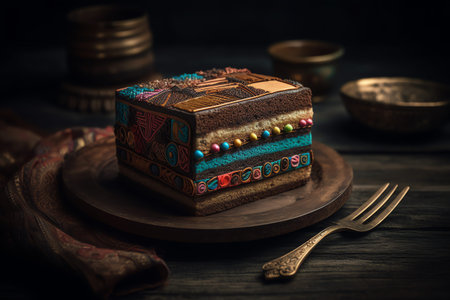 Cake in the form of a multicolor pattern on a wooden background