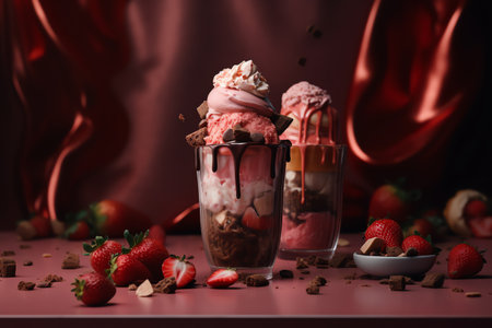 Strawberry ice cream with chocolate and strawberries in glass on red backgroundの写真素材