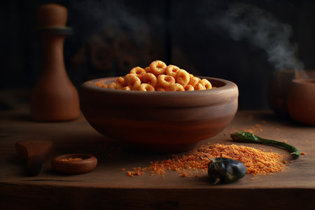 Bowl with tasty corn rings and chili pepper on wooden table, closeupの素材
