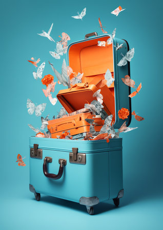 Travel suitcase full of flying paper butterflies on blue background 3D renderingの素材