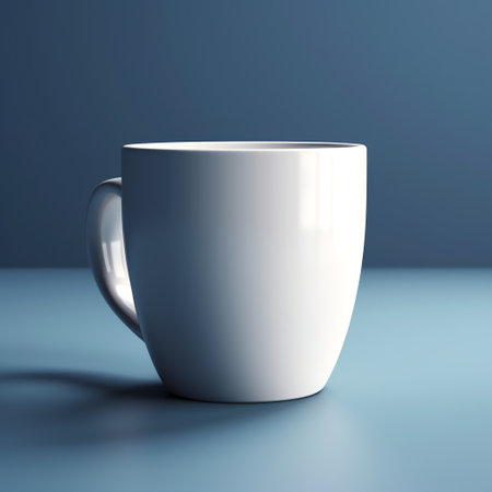 White cup on blue background. 3d rendering. Computer digital drawing.の素材