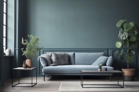 interior with blue sofa and coffee table, 3d render illustrationの写真素材