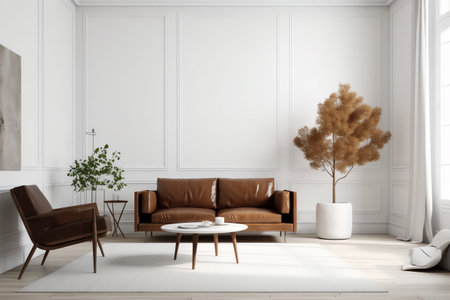 Modern white living room interior with brown sofa, coffee table and plant. 3d renderの写真素材