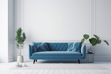 Modern interior with blue sofa and plants. Mock up, 3D Rendering