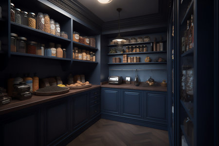 3d render interior of a kitchen with shelves and shelves in black colorの写真素材