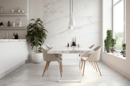 Interior of modern dining room with white walls, tiled floor, white round table with beige chairs...