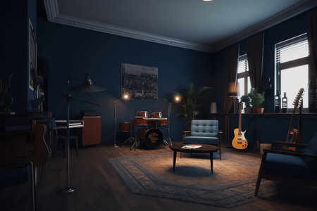 Interior of the living room with blue walls, a sofa and a guitar. 3d rendering.の写真素材