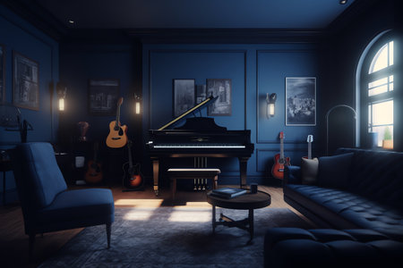 Interior of living room with dark blue walls, wooden floor, black leather sofa, piano and guitar. 3d renderの写真素材