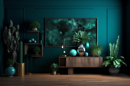Interior of modern living room with green walls, wooden floor and dark blue walls. 3d renderingの写真素材