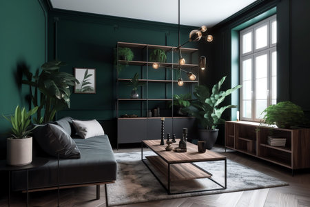 Modern dark green living room interior design. 3D rendering mock upの写真素材