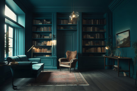 Classic interior of living room with blue walls, wooden floor, dark blue sofa, armchair and bookcaseの写真素材