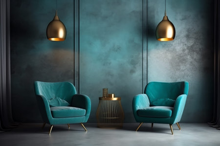 Modern living room interior with blue armchairs. 3d render illustration