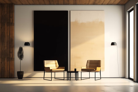 Interior of modern living room with white walls, concrete floor, beige armchairs standing near the...