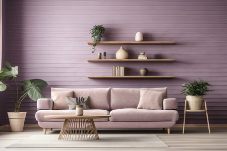 Interior of modern living room with purple wall, 3d renderの写真素材