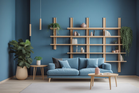 Interior of living room with blue sofa, coffee table and bookshelf. 3d renderの写真素材