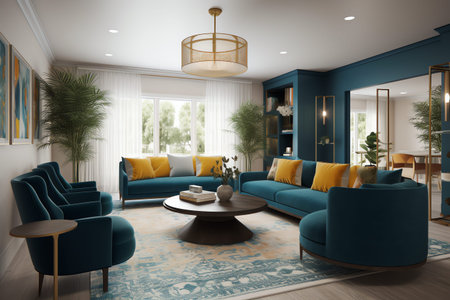Interior of modern living room with blue sofa. 3d render