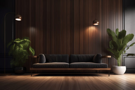 Interior of modern living room with dark wooden walls, wooden floor, comfortable brown sofa and...
