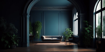Interior of classic living room with black walls, wooden floor, sofa and armchair. 3d renderingの写真素材