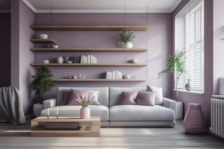 Modern living room interior design with purple walls, wooden floor, purple sofa and bookshelves. 3d...