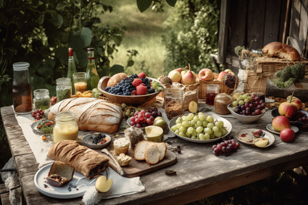 Picnic in the garden with a lot of food on the tableの素材