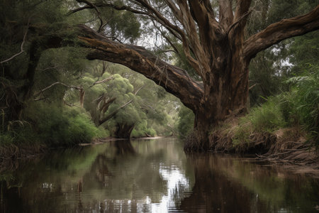 Eucalyptus trees and river in the Australian outbackの素材