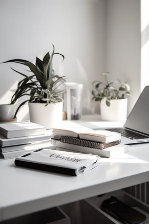 Workplace with a laptop, books and a plant on a white tableの素材