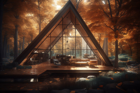 3d rendering of a wooden house in the middle of a forestの素材