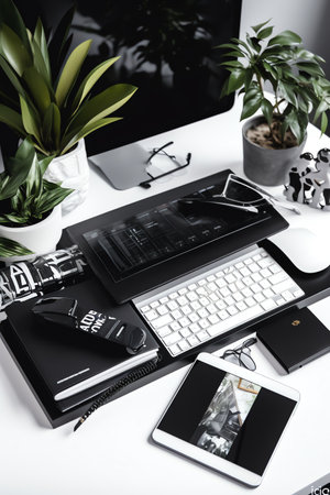 Office workplace with laptop, smartphone, notebook, glasses and decorations.の素材