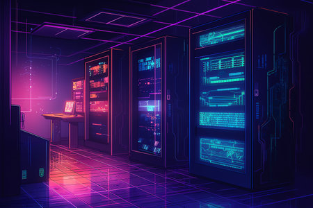 Data center server room with bright glowing neon lights. Data center concept. Vector illustrationの素材