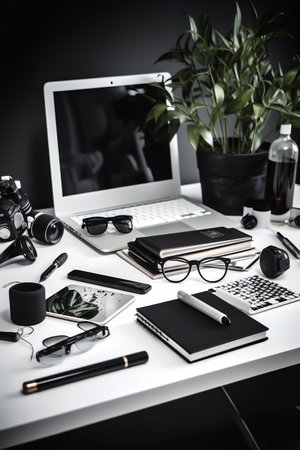 Laptop, tablet, phone and other office supplies on white tableの素材