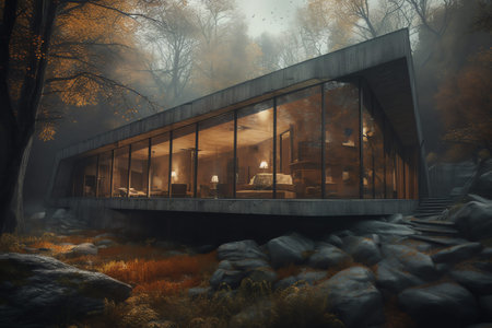 3d rendering of a modern house in a forest with fog.の素材