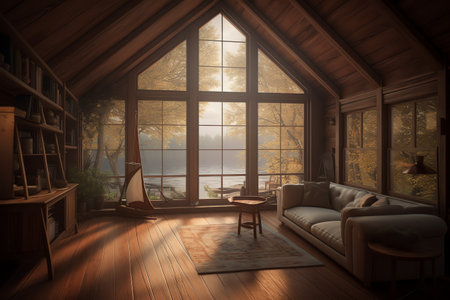 Interior of a wooden house by the lake. 3D renderingの素材