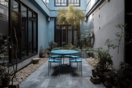 Interior of a house with a table and chairs in the gardenの素材
