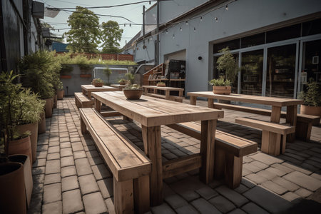 Wooden tables and chairs in a street cafe. Toned.の素材